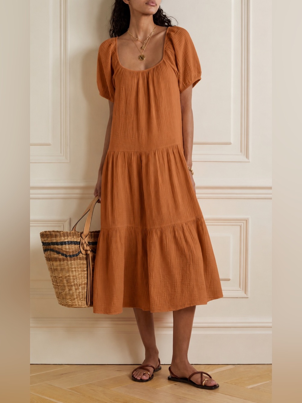 Honorine Pamela Dress Womens Large Brown Cotton Gauze Puff Sleeve Tiered Midi